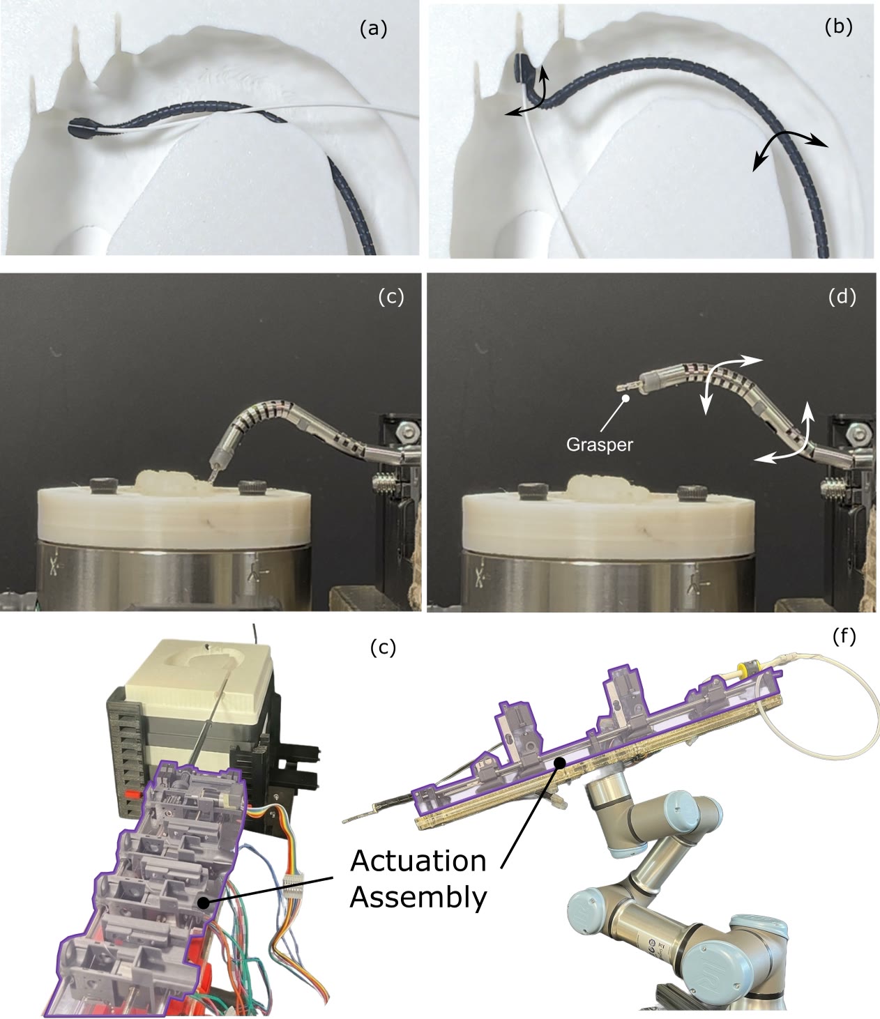 The actuation platform in other applications: a notched TDCR navigating around an aortic arch model, a continuum robotic grasper for submucosal resection, and the actuation assembly mounted on a linear stage and on a UR robotic arm